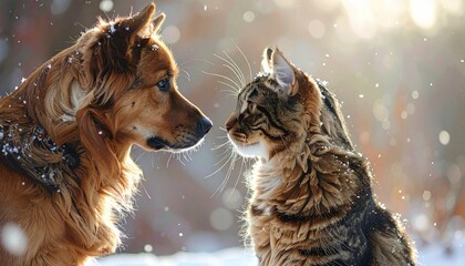 Gentle Friendship Between Dog and Cat in Snowy Winter Sunlight Outdoors with Soft Bokeh Background