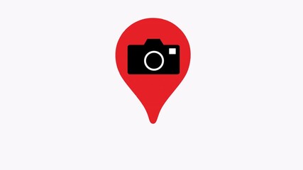 Black camera icon appears on a red location pin. Perfect for photography apps or services, tech blogs, or social media posts related to camera locations or photography events.