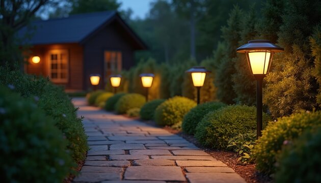 Pathway lights illuminate garden path beside house at dusk. Solar lamps light up bushes and walkway for evening ambiance. Evening outdoor scene shows house lights on.