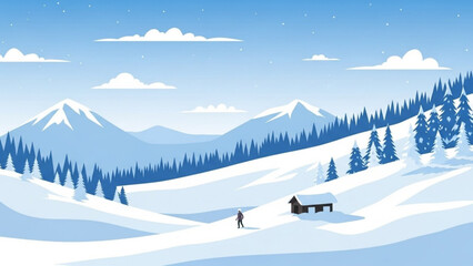 Snowy mountain landscape with person skiing towards small cabin and trees under blue sky