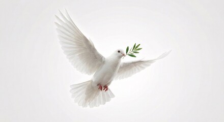 Symbolic white dove of peace with an olive branch against a clean backdrop