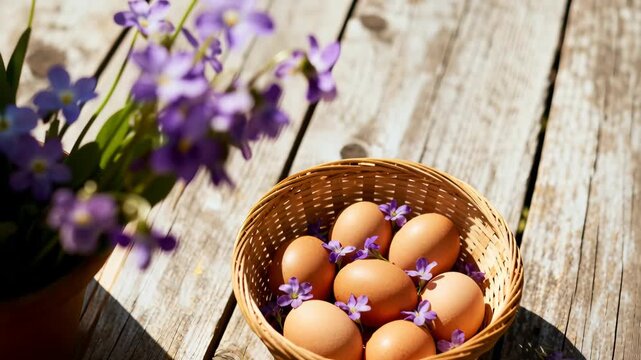 Basket holds brown eggs arranged with small purple blossoms on a weathered wooden table. Warm natural sunlight casts soft shadows and highlights texture. Scene evokes rustic kitchen,  farmhouse and sp