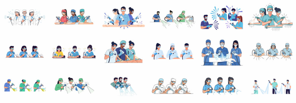 Vector Set of Medical Staff Performing Laser Procedures: Dermatologists and Surgeons with Protective Goggles Treating Skin Conditions and Removing Tattoos.