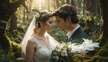 Ethereal Forest Wedding A Bride and Groom Embrace in a Sun Dappled Woodland with Mossy Trees and Delicate Flower Crowns