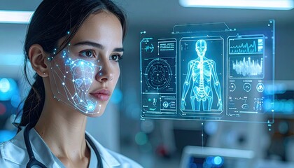 Female Doctor Analyzes Futuristic Medical Scan Showing Human Anatomy and Vital Signs With Digital Interface Overlay On Her Face