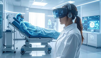Female Doctor Wearing Virtual Reality Headset Observes Patient's Holographic Medical Scan in Futuristic Hospital Room