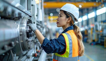 Female Engineer Wearing Hard Hat And Safety Vest Inspecting Heavy Machinery In Industrial Factory Setting With Focused Expression