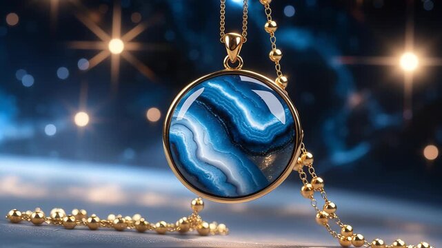 Gold pendant with a polished blue agate cabochon rests on a soft reflective surface. Warm bokeh lights create a luxurious mood and accentuate the stone's layered bands and glossy finish for premium je