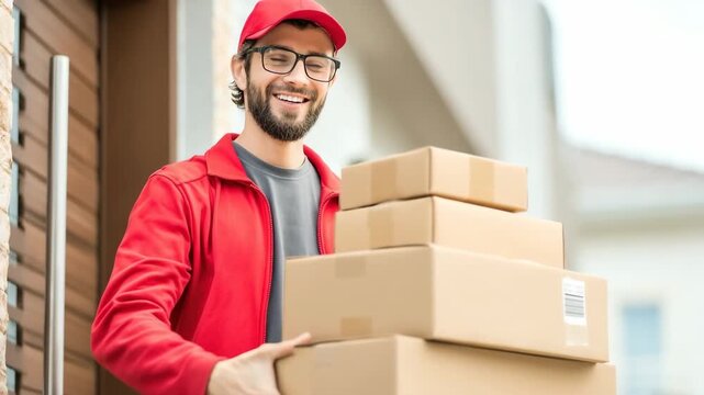 Generative AI. Smiling delivery man wearing red cap and jacket is carrying stacked cardboard boxes at the entrance of a modern home, showcasing efficient package delivery service