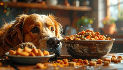Golden retriever dog with intense gaze looks at two bowls of dry dog food on a wooden table bathed in warm natural light