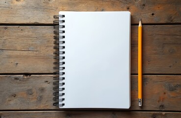 Open spiral notebook with blank white pages rests on rustic wooden table. Bright yellow pencil lies beside notepad, ready for ideas. Simple scene invites creativity, planning, writing for project.