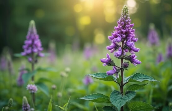 Purple comfrey flowers bloom in a green meadow under soft sunlight. This plant has medicinal properties and attracts bees. It is a natural, healthy, and wild herb.