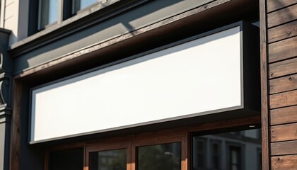Blank white rectangular sign hangs above shop doors. Modern exterior design features wood siding and dark frame. Empty signage space for custom text or logo.