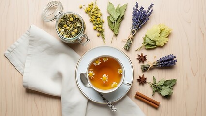 Delicate herbal tea arrangement featuring chamomile, lavender and spices