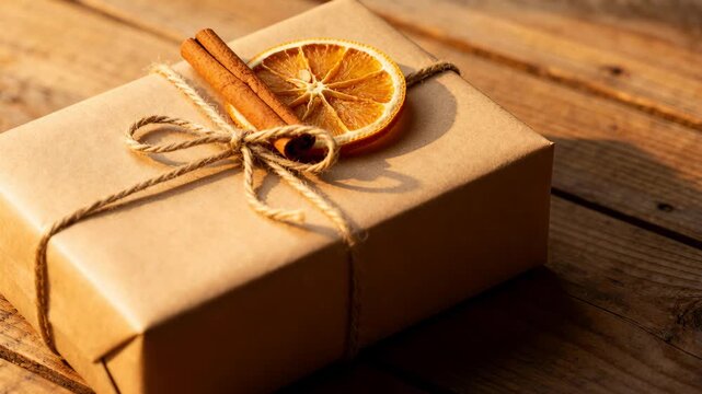 Wrapped gift sits on a wooden tabletop with natural twine,  a dried orange slice and a cinnamon stick. Warm light casts soft shadows and emphasizes the craft packaging and seasonal handmade presentati