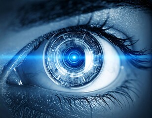 Close-up of a glowing, futuristic eye with intricate internal mechanics