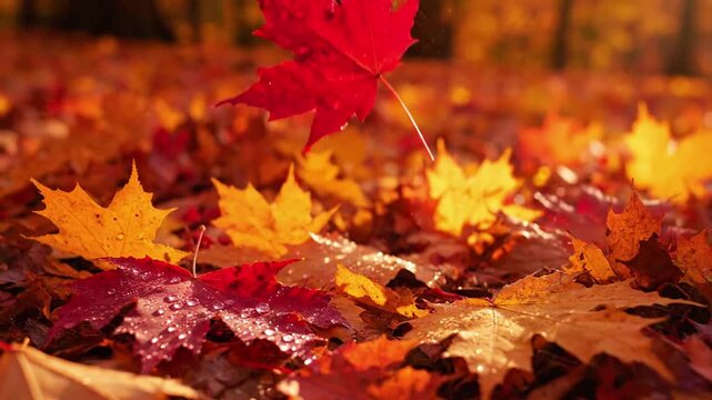 Vibrant Red Maple Leaf Close up maple leaves autumn Macro shot, extreme detail, focus on texture and veins, glistening dew drops. A
