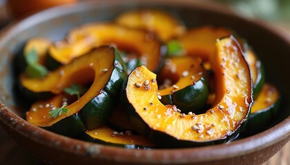 Roasted acorn squash slices coated in sweet maple glaze. This healthy autumn dish has visible seeds and fresh herb garnish. It is a delicious vegetarian meal perfect for seasonal cooking.