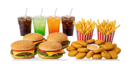 Family size fast food platter with burgers nuggets fries and assorted soft drinks isolated on white background