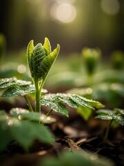 Emerging fern frond unfurls under golden sunlight in a woodland setting
