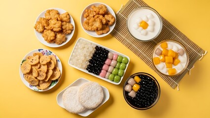 Exquisite assortment of Taiwanese desserts on a vibrant yellow background