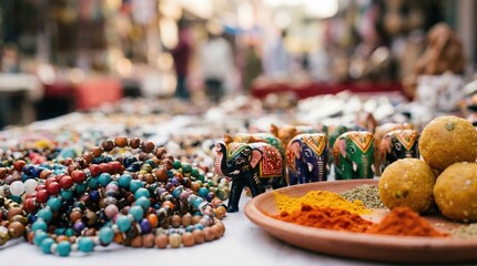 Explore Indian culture through local crafts spices and handmade items at a busy market in the heart of India during the day