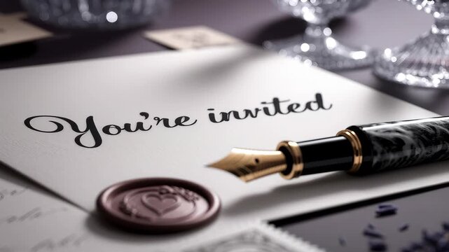 Invitation card rests on a styled tabletop with a marble fountain pen and wax seal. Stamped envelopes and dried lavender add vintage stationery context. Soft lighting emphasizes calligraphy and textur