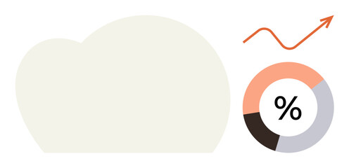 Pie chart with percentage, red upward arrow showcasing progress, blank area for customization. Ideal for business, analytics, trends, growth, progress, performance simple flat metaphor