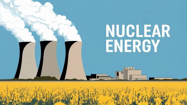 Nuclear power plant with cooling towers emitting white steam beside a golden crop field under a clear blue sky. Low industrial buildings form a horizontal silhouette. Large NUCLEAR ENERGY lettering ap