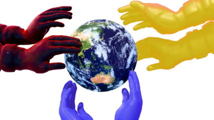 Geopolitical power struggle concept: Red, Blue, and Yellow carbon cyborg hands seizing China, Japan, and Australia - International tension and conflict concept art 3D render.