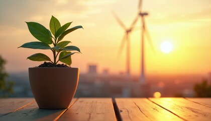 Potted green plant on wooden table at sunset with wind turbines in distance. City skyline visible during golden hour glow. Peaceful renewable energy concept background.