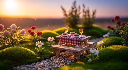 Miniature picnic scene with sandwich and drink on green mossy terrain