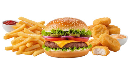 Appetizing arrangement of fast food favorites including burger fries and nuggets isolated on white background