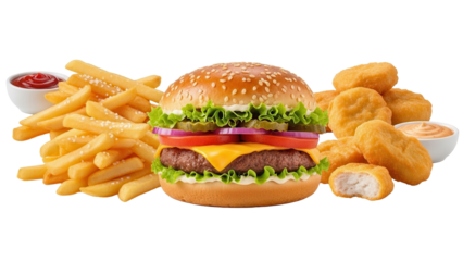 Appetizing arrangement of fast food favorites including burger fries and nuggets isolated on white background