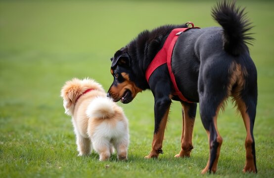A rottweiler and a fluffy small dog greet each other on the grass. The rottweiler sniffs the rear of the smaller dog. Dogs interact in a park showing natural animal behaviour. They are friends.