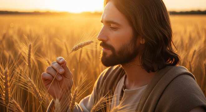 Jesus Christ in a golden Wheat Field, concept of the Parable of the Sower and Lord of the Harvest.
