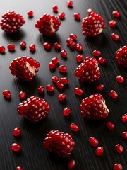 Pomegranate Seeds and Pieces Scattered on Dark Textured Surface