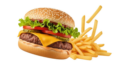 Modern fast food advertisement image with burger and fries in dynamic angle isolated on white background