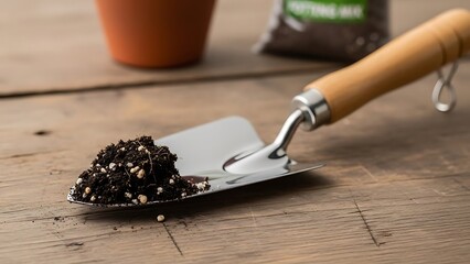 Soil on a Metal Trowel Ready for Planting or Gardening Activities