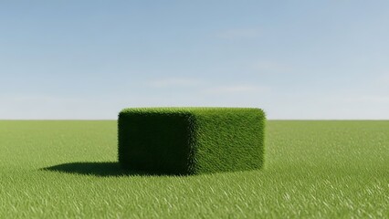 Verdant cube on a grassy expanse basking under a serene sky formation
