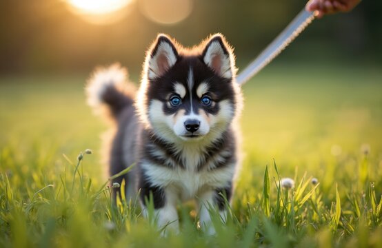 Cute pomsky puppy dog with blue eyes stands in green grass during sunset. Small dog on leash in nature, looking directly at camera. Canine pet is adorable and playful.