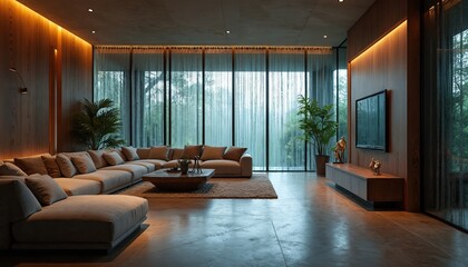 Modern living room with sectional sofa, large coffee table, and entertainment center. Floor to ceiling windows offer view of rich green trees. Warm ambient lighting creates cozy atmosphere.