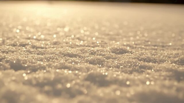 Macro close up of individual snow crystals shimmering under soft winter sunlight, highlighting intricate frozen patterns. snow