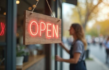 Young woman hangs wooden neon sign on cafe door. Business owner welcomes clients into store for coffee, food, and drinks. She is smiling, starting her workday.