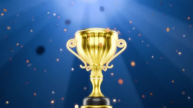 Camera zooms in on the trophy, the winner's cup. Reward for the winner. First place in a computer game. Reward for the best results. Winner's Cup. Achievements . Victory. Seamless animation.