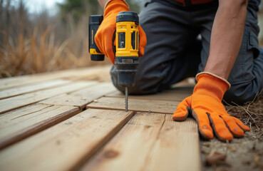Builder uses power drill to attach wood plank onto outdoor deck frame. Hand in orange glove fastens screw on construction site. Male worker installs wooden flooring outdoors.