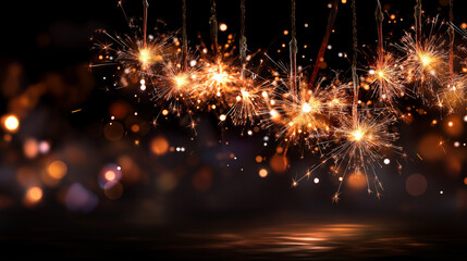 New year 2026 party fireworks background banner panorama with text, firework and sparklers on rustic dark black night sky defocused, celebration display, pyrotechnic show, with cop