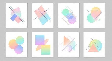 Collection of softly hued geometric abstract designs featuring layered translucent shapes arranged