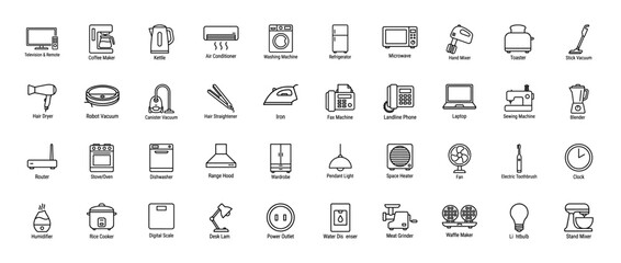 Fototapeta premium Household appliances icon set. Vector pictograms of television, washing machine, refrigerator, laptop, oven, toaster, vacuum, and air conditioner, thin outline illustration.