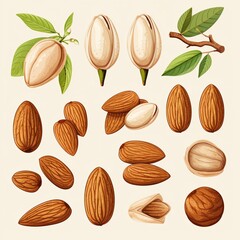 Almonds and Pistachios Illustration, Healthy Snacks and Ingredients for Culinary Creations